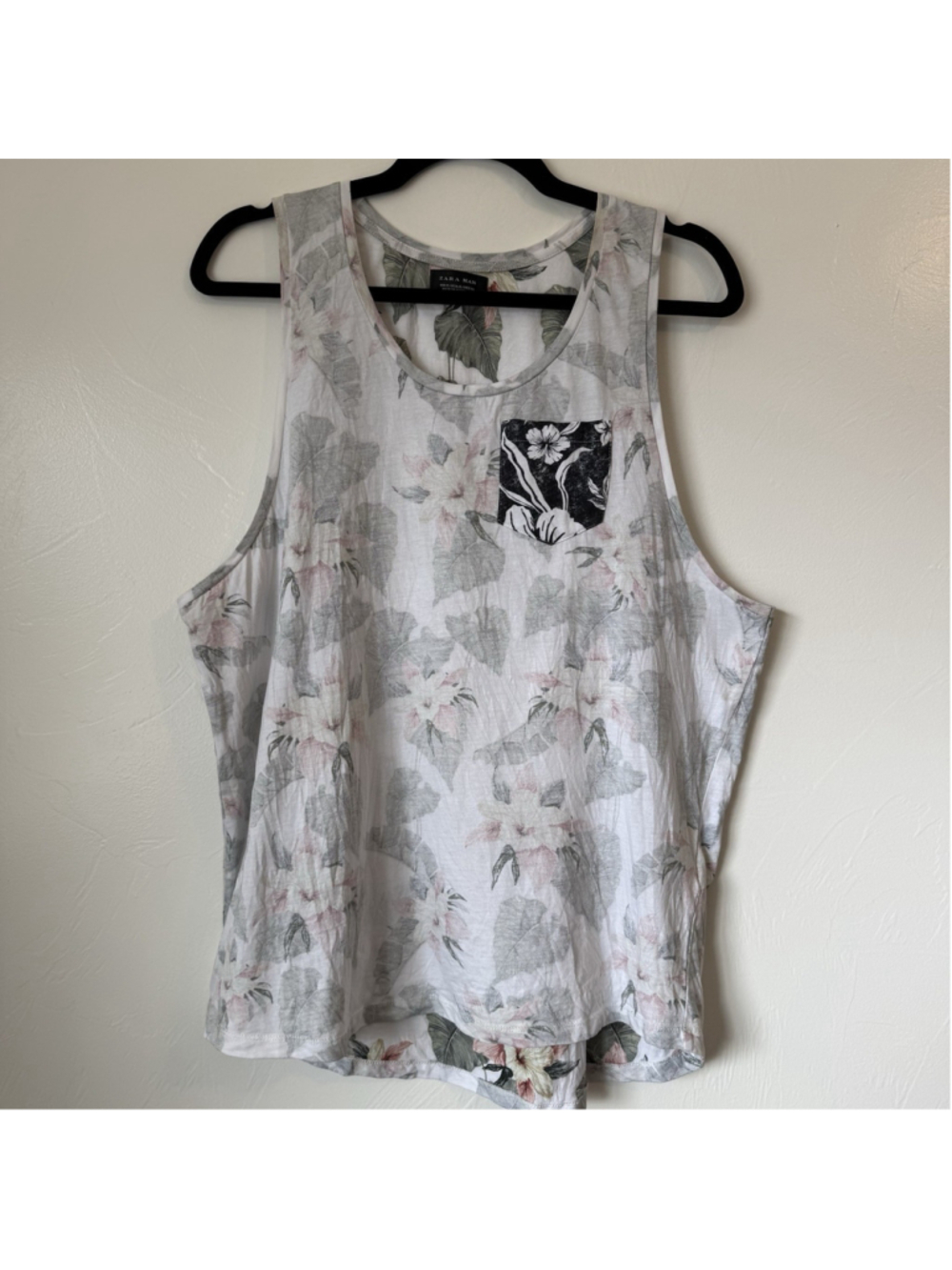 Zara Man White Hawaiian Print Tank Top Men’s Size XL 100% Cotton
